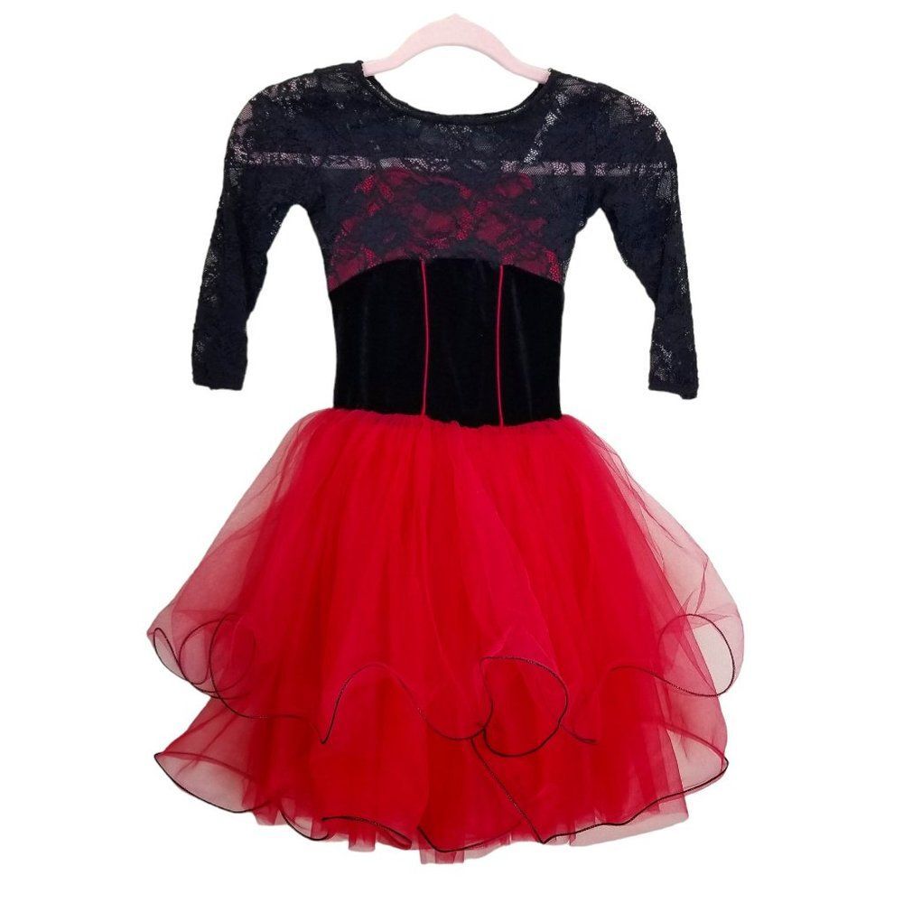 💃Girls Red & Black Lace, Velvet and Tulle Dance Costume Size CME💃